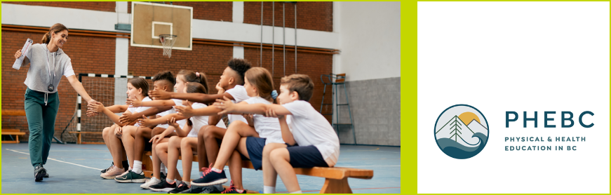 A physical education teacher high-fiving a group of students in a gym